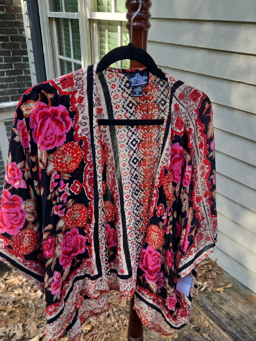 Angie Black Open-Front Kimono Jacket with Pink & Red Floral Embroidery